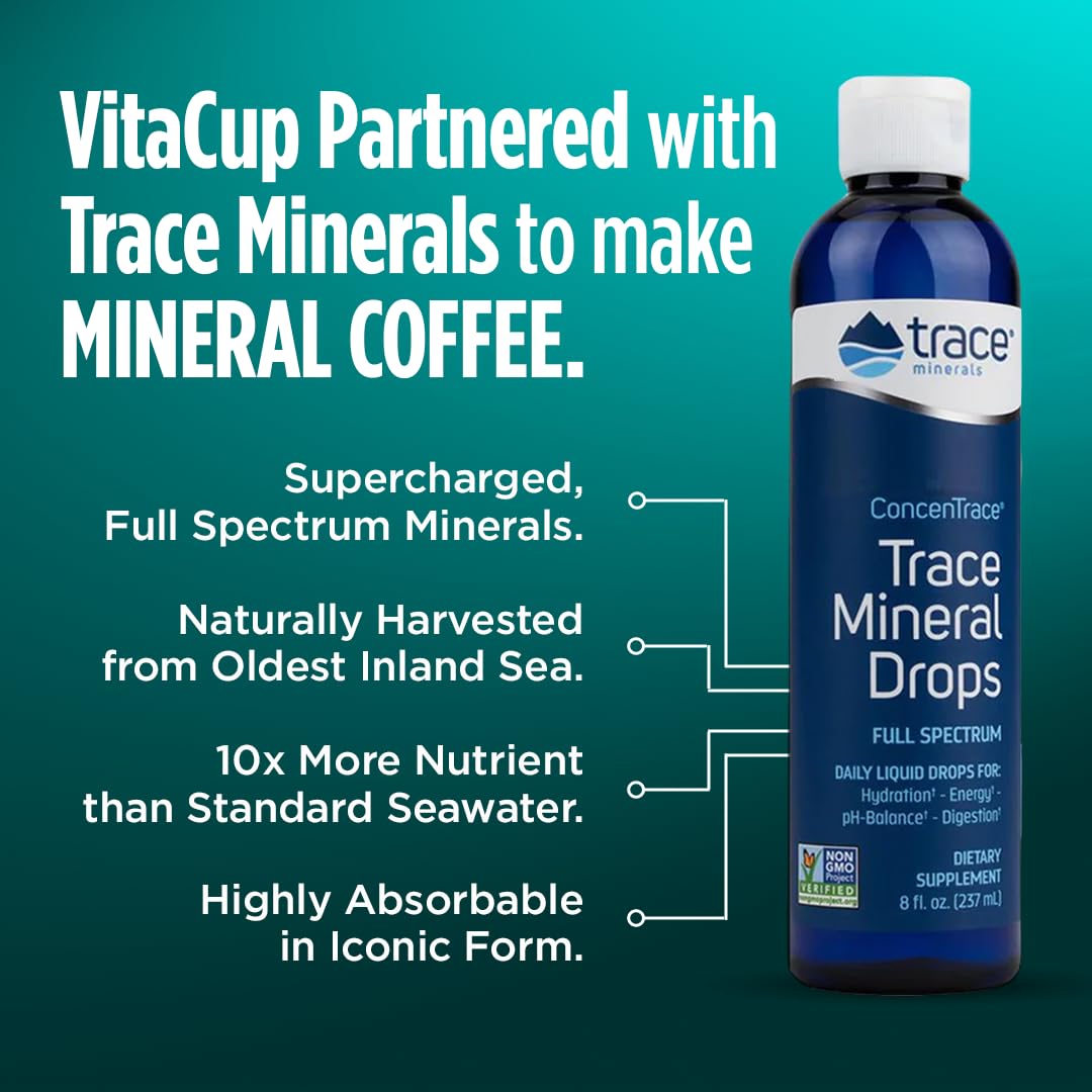 VitaCup Mineral Coffee Pods with Trace Minerals, Hydrate, Replenish & Restore, w/Sea Minerals, Electrolytes, Organic Coffee, Medium Dark Roast, Single Serve Pod Compatible w/Keurig K-Cup Brewers,64 Ct