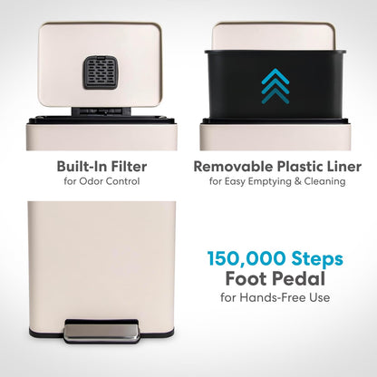 50 Liter / 13.2 Gallon Soft-Close, Smudge Resistant Trash Can with Foot Pedal and Built in Filter- White Color