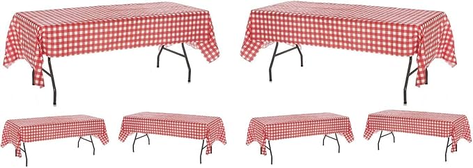 Oojami 12 Pack Red and White Checkered Plastic Tablecloths – 54 x 108 Inch Disposable Gingham Rectangle Table Covers for Picnic, BBQ, Parties, Outdoor Events, Waterproof, Fits 8 Ft Tables