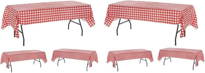 Oojami 12 Pack Red and White Checkered Plastic Tablecloths – 54 x 108 Inch Disposable Gingham Rectangle Table Covers for Picnic, BBQ, Parties, Outdoor Events, Waterproof, Fits 8 Ft Tables