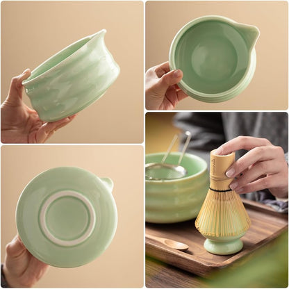 7 Pcs Matcha Set - Ceramic Bowl, Bamboo Whisk with Holder, Sifter, Schima Spoon, Spoon Rest and Tea Towel