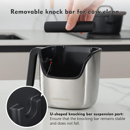 Ourokhome Knock Box Espresso Accessories, The Latest Patented Stainless Steel Espresso Machine Tool for Coffee Ground with Removable Knock Bar