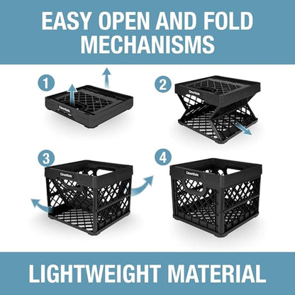 CleverMade Collapsible Milk Crate 25L (6.6 Gal), 50 lb Capacity Heavy Duty Folding Crate – Stackable Storage Crates with File Rails, Plastic Collapsible Crates - Obsidian