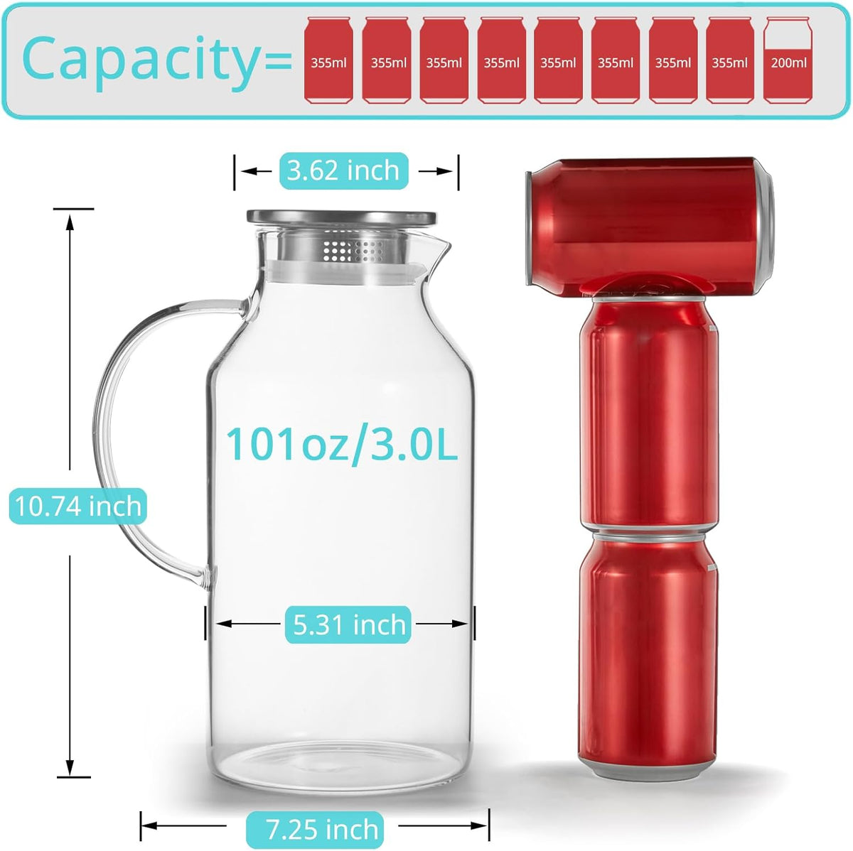 3 Liter 101 oz Glass Pitcher with Lid and Spout, Bivvclaz Glass Water Pitcher for Fridge, Glass Carafe for Hot/Cold Water, Iced Tea Pitcher