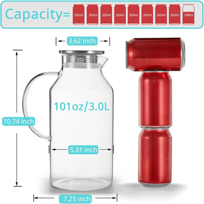 3 Liter 101 oz Glass Pitcher with Lid and Spout, Bivvclaz Glass Water Pitcher for Fridge, Glass Carafe for Hot/Cold Water, Iced Tea Pitcher