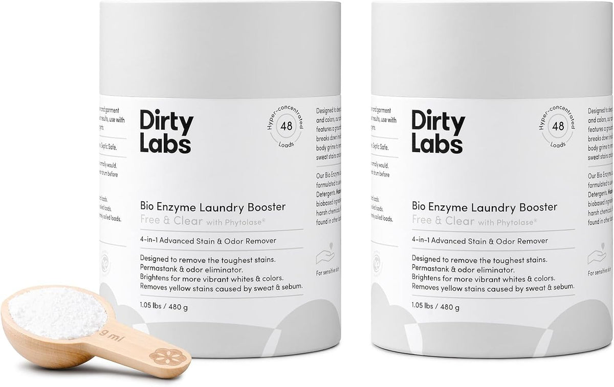 Dirty Labs | Scent Free | Bio Enzyme Laundry Booster | 2-Pack = 96 Loads | Hyper Concentrated | High Efficiency & Standard Machine Washer | Nontoxic, Biodegradable | Stain & Odor Removal Booster