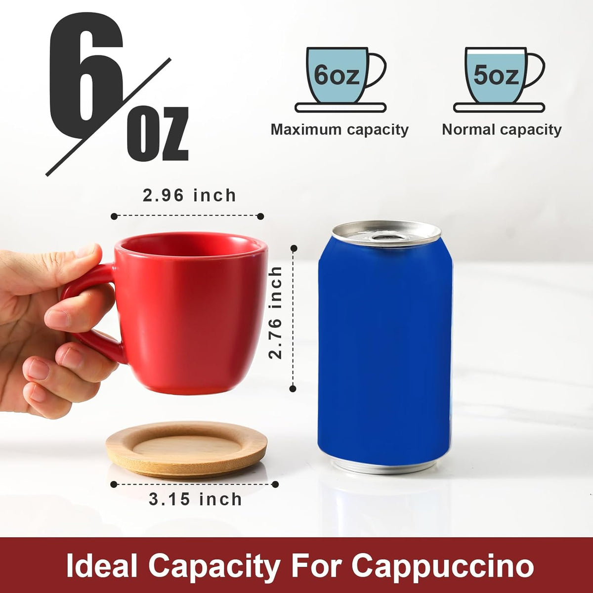 Hasense Cappuccino Cups with saucers, 6 Ounce Ceramic Coffee Mugs Set of 6 Perfect for Espresso, Specialty Coffee Drinks, Latte, Cafe Mocha and Tea
