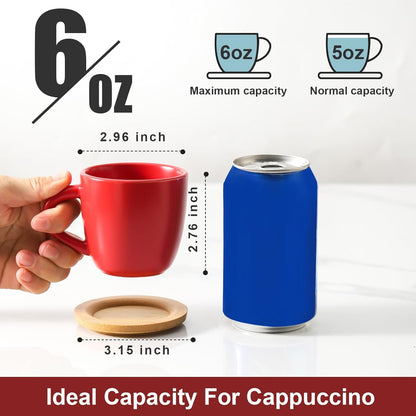 Hasense Cappuccino Cups with saucers, 6 Ounce Ceramic Coffee Mugs Set of 6 Perfect for Espresso, Specialty Coffee Drinks, Latte, Cafe Mocha and Tea