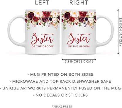 Andaz Press 11oz. Wedding Ceramic Coffee Tea Mug Gift, Fall Autumn Marsala Burgundy Flowers Roses Florals, Sister of the Groom, 1-Pack, Includes Gift Box
