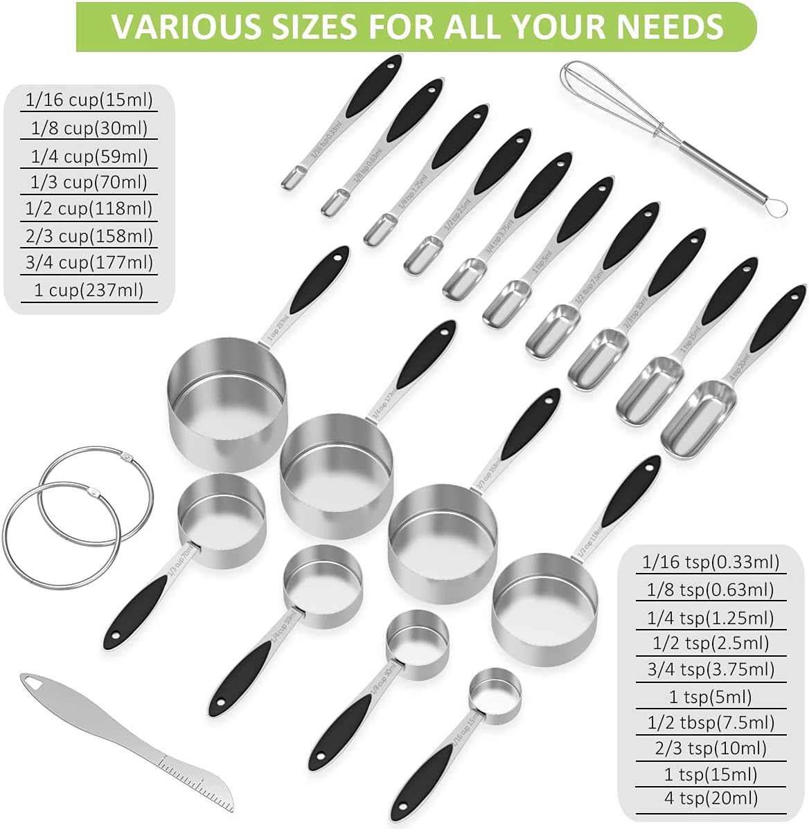 Measuring Cups and Spoons - Wildone Stainless Steel 20 Piece Stackable Set, Includes 8 Black Measuring Cups, 10 Measuring Spoons, 1 Leveler & 1 Whisk