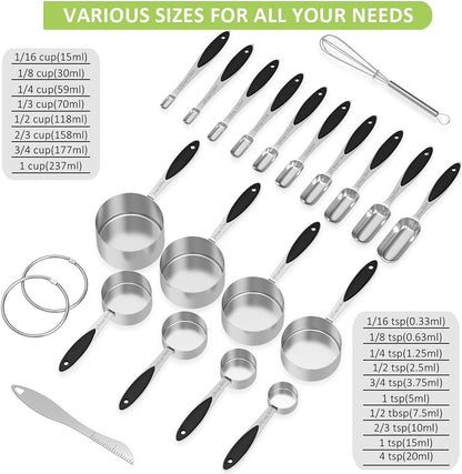 Measuring Cups and Spoons - Wildone Stainless Steel 20 Piece Stackable Set, Includes 8 Black Measuring Cups, 10 Measuring Spoons, 1 Leveler & 1 Whisk