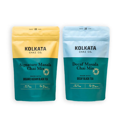 Kolkata Chai Signature Masala Chai & Decaf Masala Chai Tea, Assam Black Tea Combo Pack, Makes 40 cups, Premium loose leaf tea and spice blend, All Natural