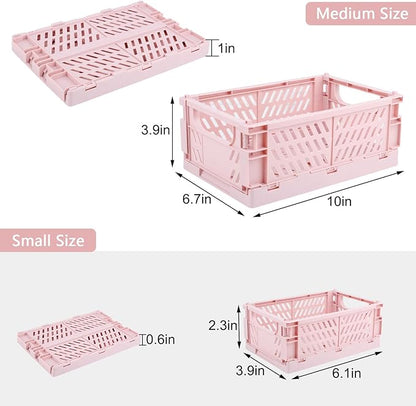 Plastic Baskets for Desk Organizing, Drawer Organizer, 2 Medium+2 Small Durable Folding Storage Crate for Home Kitchen Classroom Office Bedroom and Bathroom (Pink)