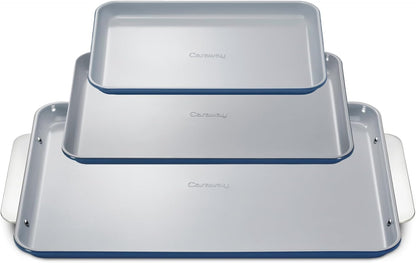 Caraway Non-Stick Ceramic Baking Sheet Trio - Naturally Slick Ceramic Coating - Non-Toxic, PTFE & PFOA Free - 18 x 13" Large, 15 x 10" Medium, & 9" x 13" Small - Navy