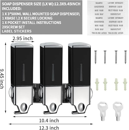 3 x 500ml per Cup Wall Mounted Manual Soap Dispenser for Home, Bath, Kitchen, Hotels, Restaurants. Shower and Lotion Dispenser (Black)