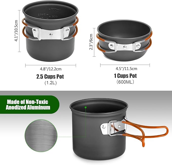 Odoland Camping Cookware Stove Carabiner Canister Stand Tripod and Stainless Steel Cup, Tank Bracket, Fork Spoon Kit for Backpacking, Outdoor Camping Hiking and Picnic