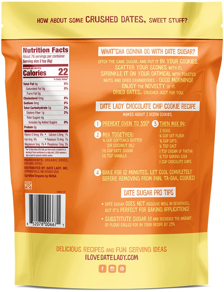 Date Lady Date Sugar, 1 lb, Organic | 100% Whole Food | Vegan, Paleo, Gluten-free & Kosher | Sugar Substitute and Alternative Sweetener for Baking | Will Not Dissolve in Your Coffee (2 Bags)
