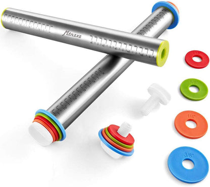 Rolling Pin and Silicone Baking Pastry Mat Set, Stainless Steel Dough Roller, Rolling Pins with Adjustable Thickness Rings, for Baking Fondant, Pizza