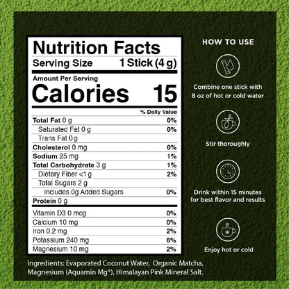 VitaCup Hydration Matcha Instant Packets, for Natural Energy and Detox, w/Electrolytes, Ceremonial Grade Organic Matcha, Coconut Water, Pink Himalayan Salt, Magnesium, in Single Serve Sticks, 10 Ct