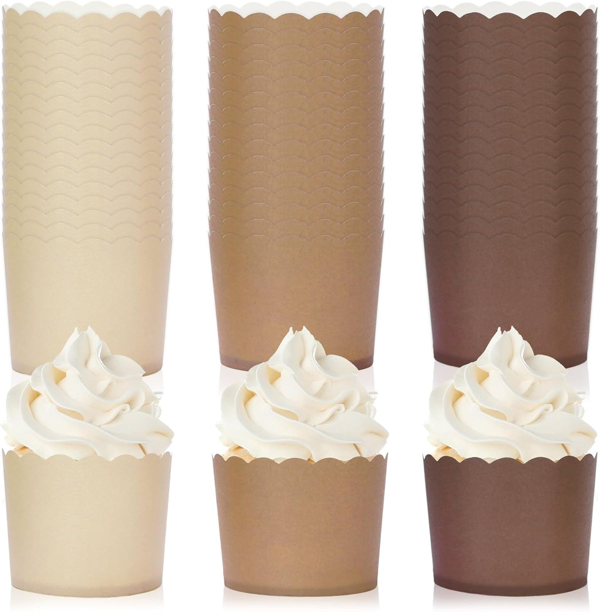 Whaline 120Pcs Brown Paper Baking Cups Scalloped Edge Cupcake Wrappers Gradient Brown Cupcake Muffin Cases for Wedding Birthday Baby Shower, 3 Colors