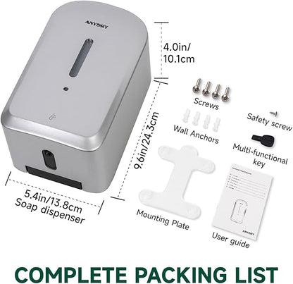 anydry Commercial Automatic Soap Dispenser Large 34oz/1000ml Capacity Wall-Mounted Touchless Liquid Dispenser for High-Traffic Restrooms, Offices, Hospitals Model AD1220S Silver