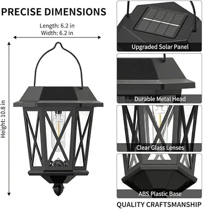 Solar Lanterns Outdoor Waterproof, Hanging Solar Lights with Glass Shade - 2 Pack LED Metal Wall Mount Outdoor Light for Yard/Garden/Patio - Black