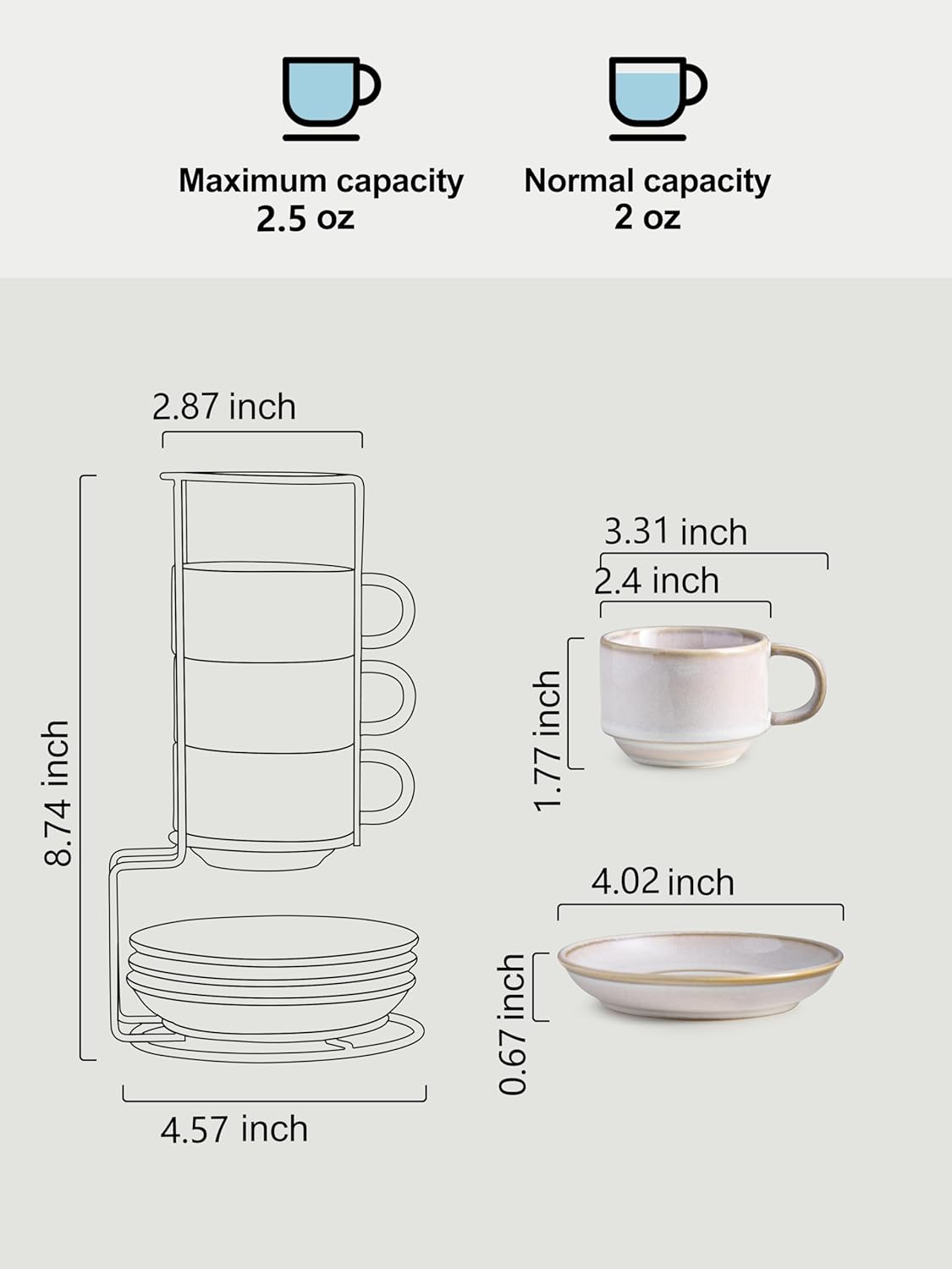 Gomakren 2.5 Ounce Espresso Cups Set of 4, Small Stackable Coffee Cups with Saucers and Metal Stand, Porcelain Demitasse Cups for Specialty Coffee Drinks, Espresso, Cappuccino, Latte, Tea, White
