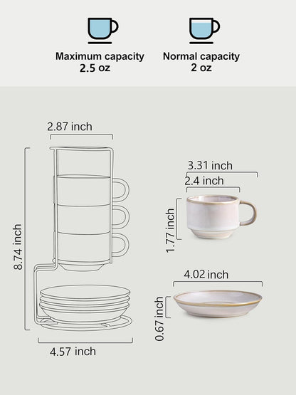 Gomakren 2.5 Ounce Espresso Cups Set of 4, Small Stackable Coffee Cups with Saucers and Metal Stand, Porcelain Demitasse Cups for Specialty Coffee Drinks, Espresso, Cappuccino, Latte, Tea, White
