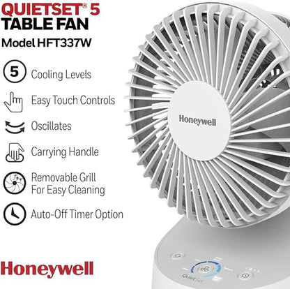 Honeywell QuietSet 5 Oscillating Table Fan, White – Personal and Small Room Fan with Quiet Operation and 5 Levels of Power and Sound