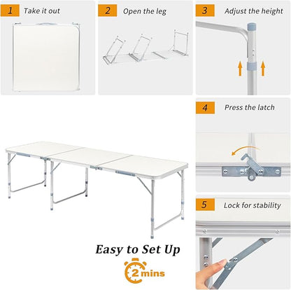 Outvita 6ft Portable Folding Camping Table, Outdoor Waterproof Adjustable Height Table, Aluminum Lightweight Suitcase Foldable Table for Picnic BBQ Beach Dining