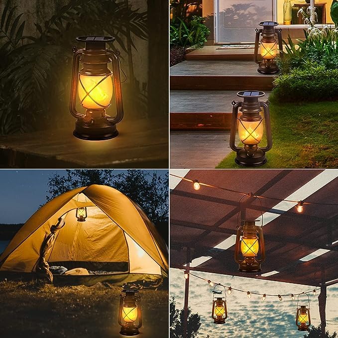 Solar Lantern Outdoor Waterproof,LED Vintage Flickering Flame Solar Lights,Camping Lamps,Solar Powered Hanging Rustic Heavy Duty Lantern Landscape Decor for Patio Garden Yard Deck Pathway,2Pack