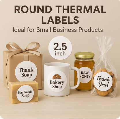 2.5 inch Round Thermal Labels – White-Direct Thermal Sticker Rolls for Small Business, Packaging, Compatible with Mumbyn, Nelko, Rollo, Zebra| 1" Core | Self-Adhesive | 1 Roll 500 Labels