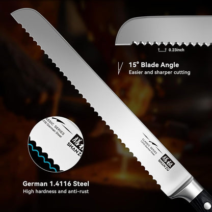 Shan ZU 10" Bread Knife - Sourdough Slicing Knife Professional German 1.4116 Stainless Steel Serrated Blade, Ergonomic Wood Handle & Full Tang Design