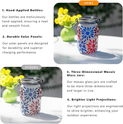 Starsoul 4 Pack Solar Lanterns Outdoor Waterproof, Mosaic Flowers Glass Solar Hanging Outdoor Lights, Decorative Solar Lantern for Outside Pathway Patio Porch Yard Decor