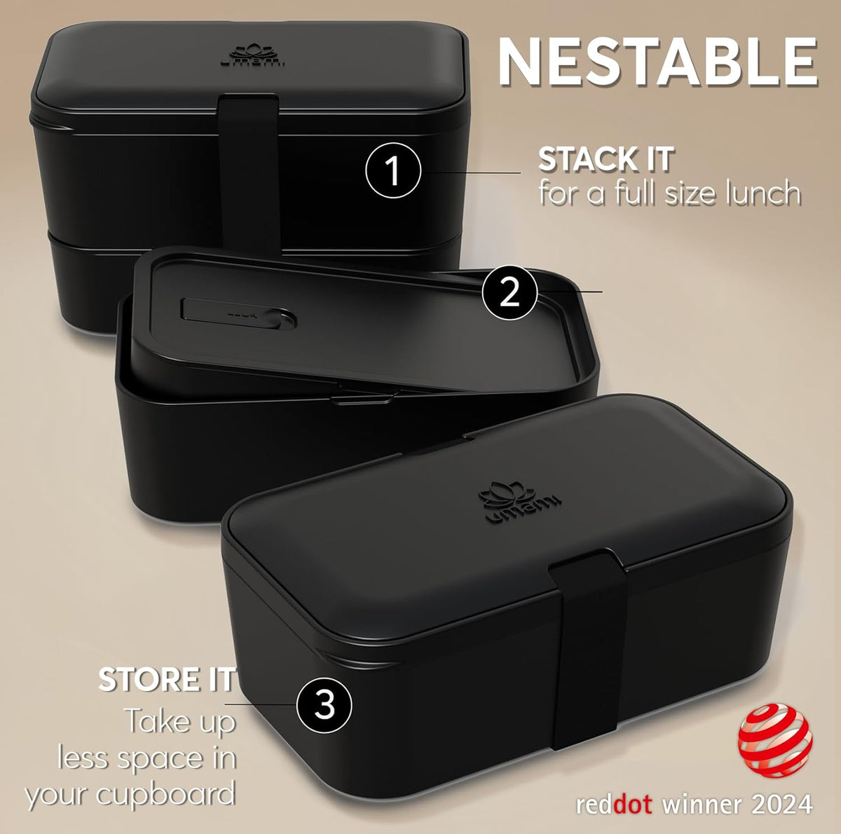 Umami Bento Box w/ 4 Utensils, 2 Sauce Jars, Nestable Space-Saving Lunch Box Containers, 100% Leakproof, Microwavable Lunch Containers for Adults, Design Award Winner, Onyx Black, 50 oz