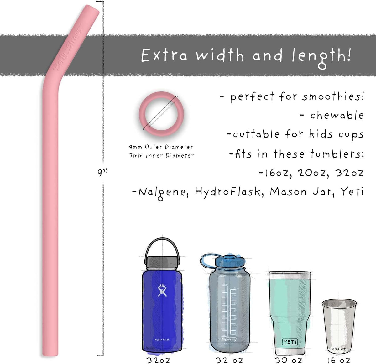 Reusable Silicone Drinking Straws - Big Size with Curved Bend for Tumblers Made from BPA Free No-Rubber Silicon - Flexible, Collapsible, Chewy, Bendy