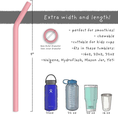 Reusable Silicone Drinking Straws - Big Size with Curved Bend for Tumblers Made from BPA Free No-Rubber Silicon - Flexible, Collapsible, Chewy, Bendy