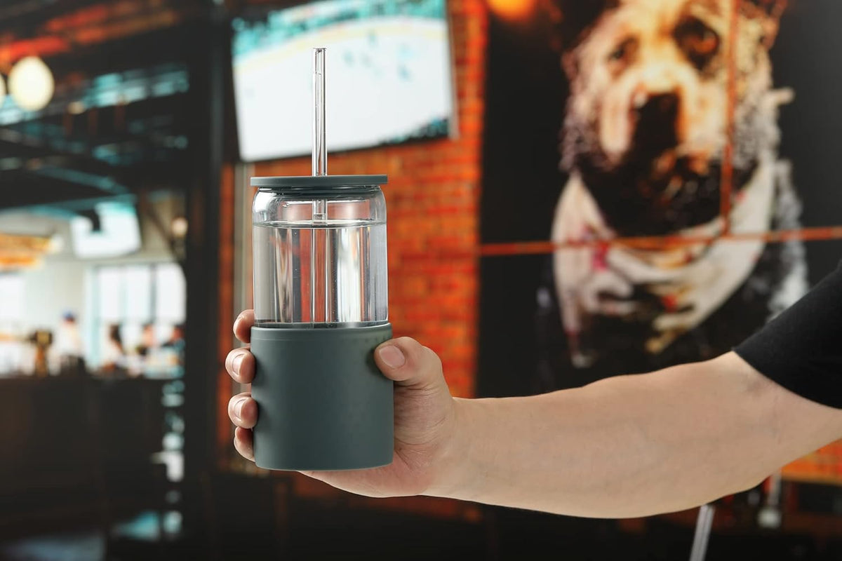 Sunseeke Glass Tumbler with Straw and Lid, 16oz Ice Coffee Cup, Silicone Sleeve Cleaning Brushes, Drinking Glasses for Water, Iced Coffee, Smoothie - BPA Free (Slate blue-gray)