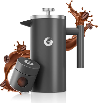 Coffee Gator French Press Coffee Maker - 34oz Double Insulated Stainless Steel Brewer plus Travel Jar Canister