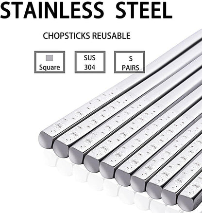 Metal Chopsticks Reusable Titanium Plated Stainless Steel Japanese Korean for Food & Cooking 9.5Inch Non-Slip for Beginners Square Laser 5 Pairs Gift Set