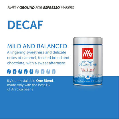 Illy Ground Espresso Coffee, Decaffeinated - Medium Roast - Mild & Balanced - 100% Arabica - Pressurized Packaging Sealed for Freshness - 8.8oz (Pack of 6)