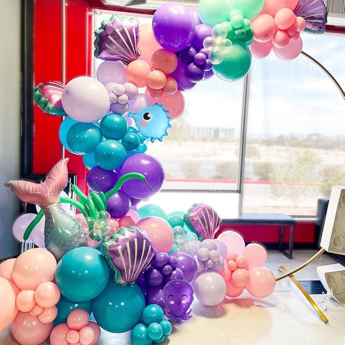 Mermaid Balloon Garland Kit, 125pcs Under The Sea Balloons Mermaid Tail Arch Party Supplies with Seahorse Octopus Ocean Animals Balloons for Birthday Party Baby Shower Decorations