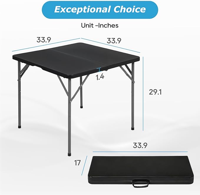 PayLessHere 34" Square Plastic Folding Card Table, Portable Outdoor Dining Table with Collapsible Legs and Carrying Handle,Plastic Tables for Camping,Picnic, Office, Party, Black