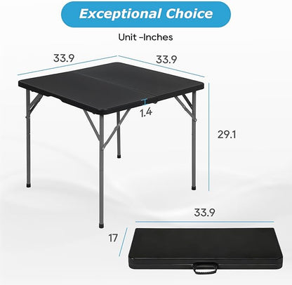 PayLessHere 34" Square Plastic Folding Card Table, Portable Outdoor Dining Table with Collapsible Legs and Carrying Handle,Plastic Tables for Camping,Picnic, Office, Party, Black