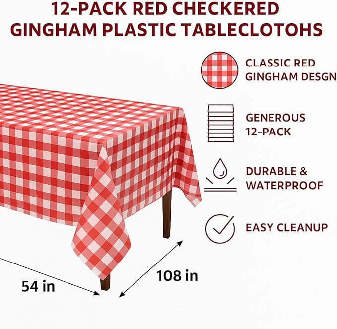 Oojami 12 Pack Red and White Checkered Plastic Tablecloths – 54 x 108 Inch Disposable Gingham Rectangle Table Covers for Picnic, BBQ, Parties, Outdoor Events, Waterproof, Fits 8 Ft Tables