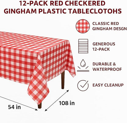 Oojami 12 Pack Red and White Checkered Plastic Tablecloths – 54 x 108 Inch Disposable Gingham Rectangle Table Covers for Picnic, BBQ, Parties, Outdoor Events, Waterproof, Fits 8 Ft Tables