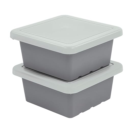 ECR4Kids Stackable Square Bins with Non-Snap Lids, Multipurpose Organization, Grey, 2-Pack