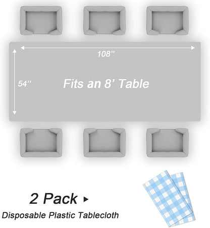 QIKSION Light Blue Gingham Tablecloth Disposable 2 Pack, 54 x 108 Inch Blue and White Checkered Table Cloth for Baby Shower, Easter Decorations, Birthday Party, Rectangle, Plastic Table Cover