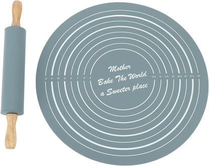 Large Silicone Rolling Pin Pastry Baking Mat Set for Kitchen (Grey)