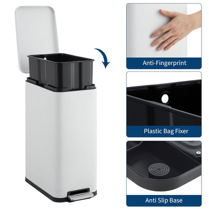 Garvee 13 Gallon Kitchen Trash Can, Stainless Steel Step Garbage Bin with Soft-Close Lid & Removable Bucket, Fingerprint Proof, Slim for Narrow Spaces, Bathroom or Office (White+Silver, 13 Gallon)